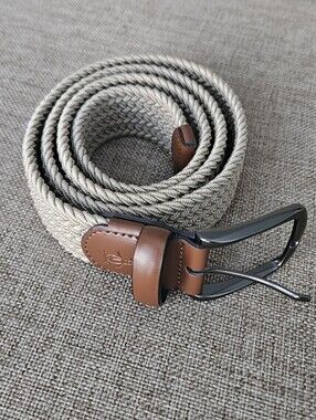 Original Penguin Tan Braided Stretch Belt with Brown Leather Trim Size M (34-36)